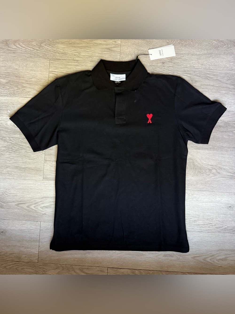 Ami Black Polo with Red Heart Emblem